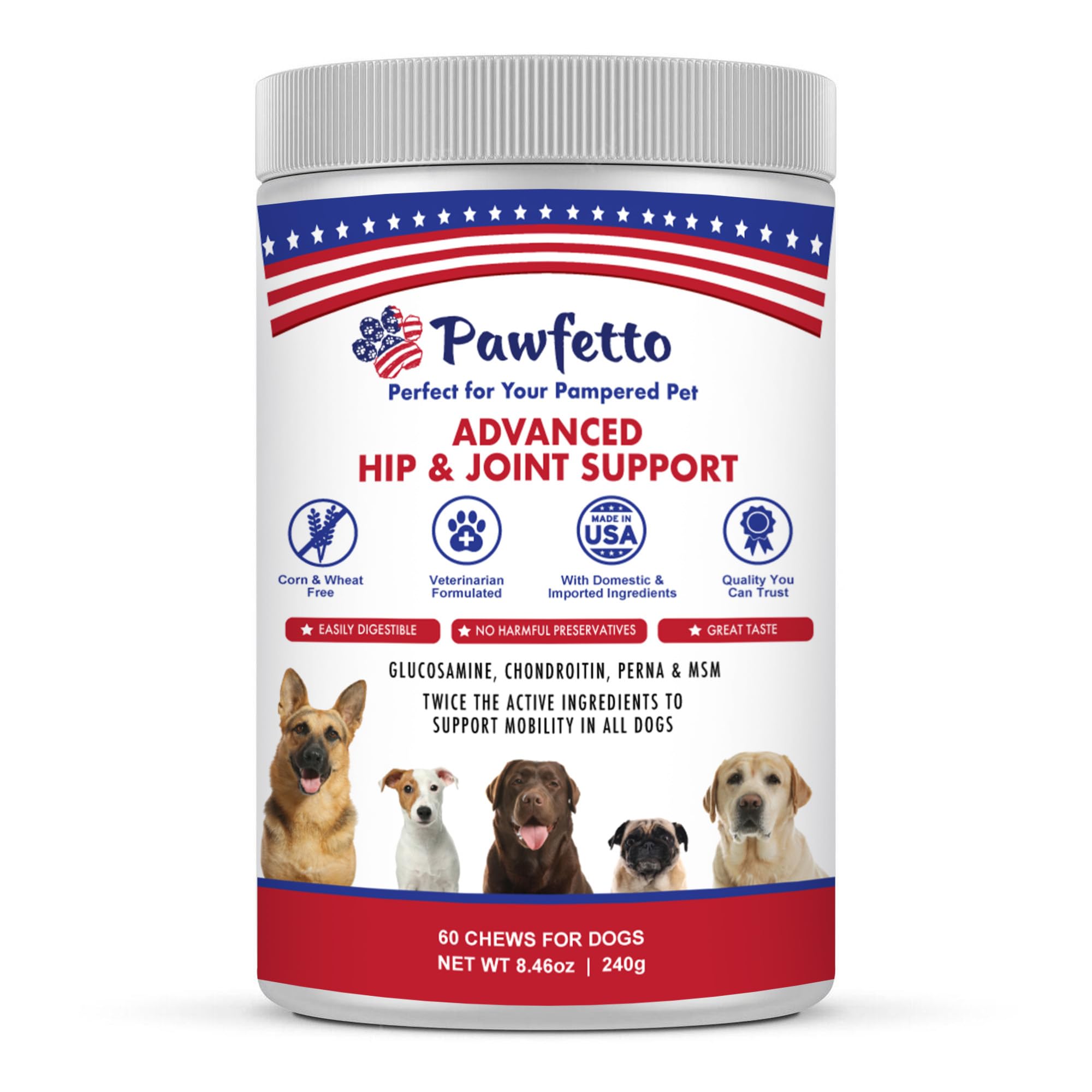 Pawfetto Advanced Hip & Joint Support Plus Supplement for Dogs with Perna Glucosamine Chondroitin MSM. Easily Digestible Delicious Duck Flavor. Perfect for Your Pampered Pet (60 Dog Chews)
