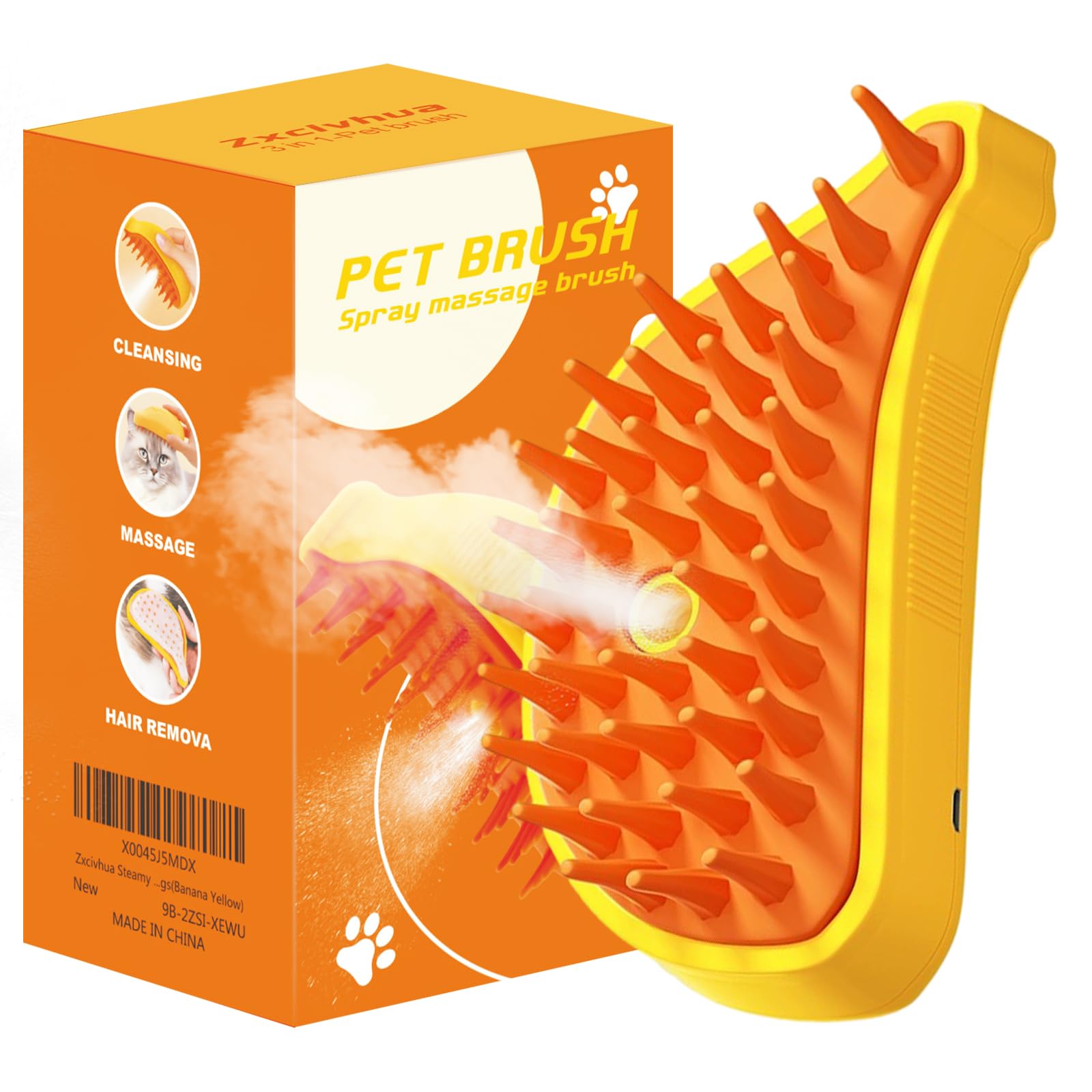 Zxcivhua Cat Steam Brush3 in 1 Silicone Massage Grooming Brush，Removing Tangled And Loose Hair Pet Hair Cleaning Brush Comb (Banana Yellow)