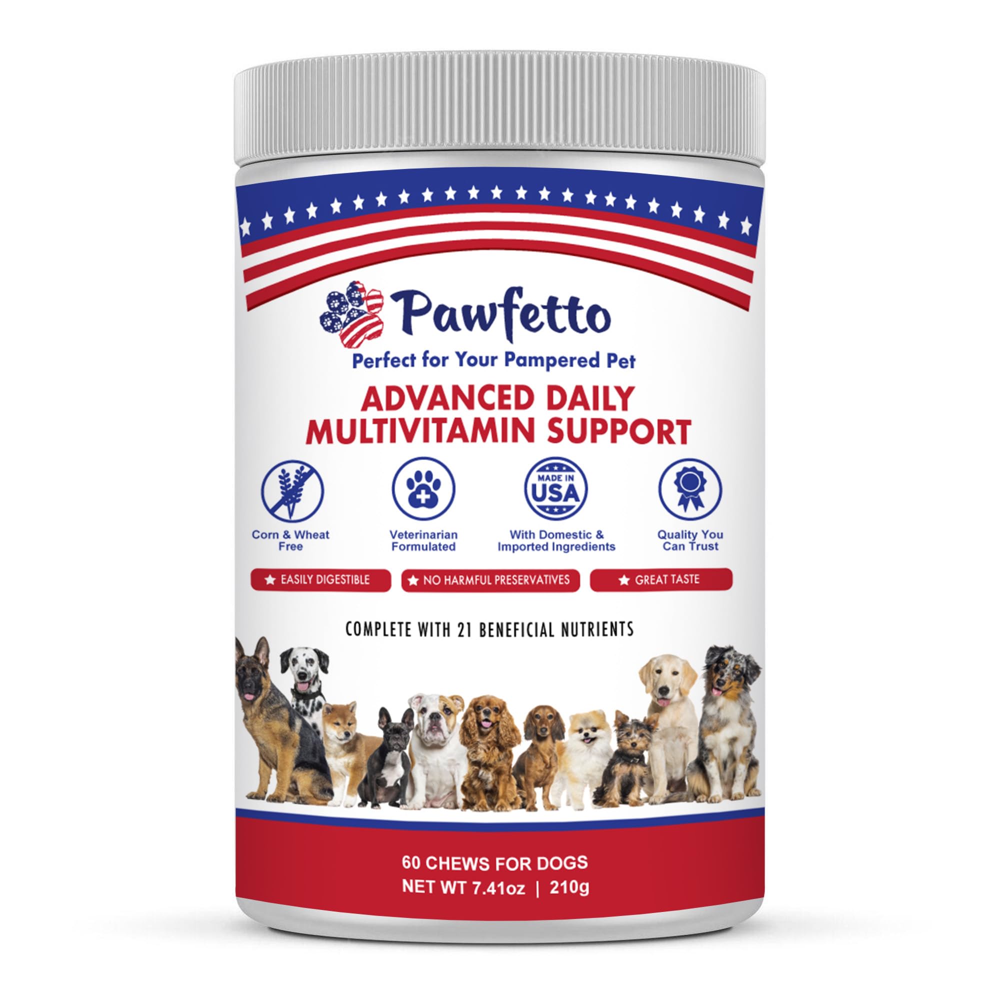 Pawfetto Advanced Daily Multivitamin Support for Dogs Multi-Vitamin and Mineral Supplement with Essential Fatty Acids and Antioxidants Vegetable Flavour Perfect For Your Pampered Pet (60 Dog Chews)