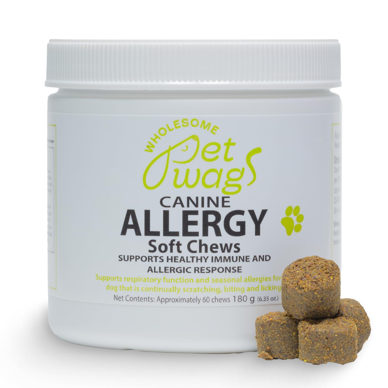 Wholesome Pet Wags Canine Allergy Soft Chews | Dog Allergy Relief Supplements Anti Itch Bites for Dogs for Healthy Immune Response for Itchy Skin Probiotic Treats | 60 Chews 180g 6.35 oz