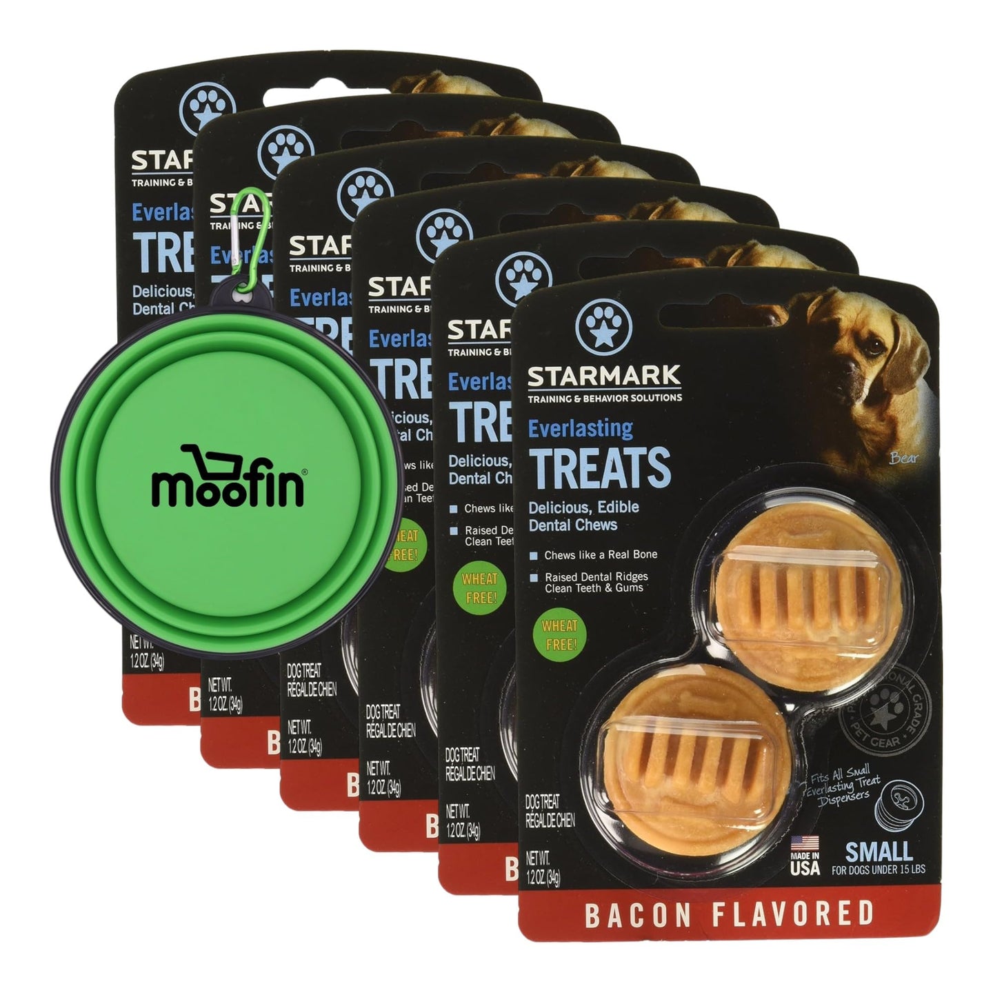 Starmark Everlasting Dog Treat Bacon Dental Chews 1.2 oz Long-Lasting Supports Oral Health Bundle Silicon Pet Bowl - Freshens Breath 2-Pack Fun Shape Meaty Flavor [Pack of 6]