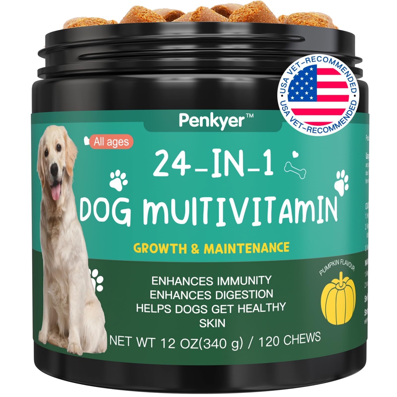 Multivitamin Chews for Dogs Vitamins Supplements Treats with Glucosamine Chondroitin for Dog Immunity Mobility Energy Heart Health Pet Skin and Coat Allergy Hip Joint Support Gut Digestion 120 Counts