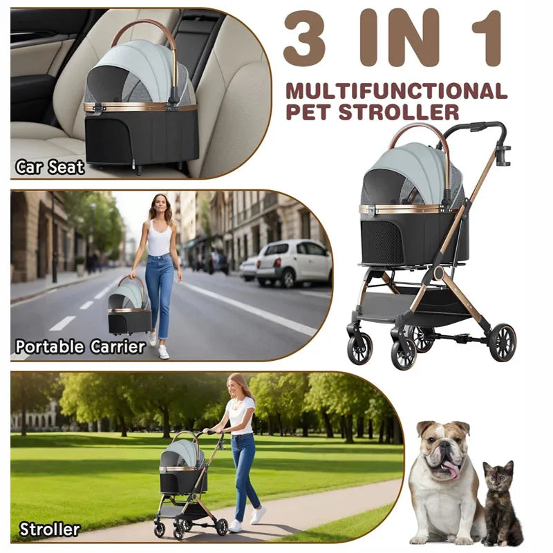 3-in-1 Portable Pet Stroller with Detachable Bag