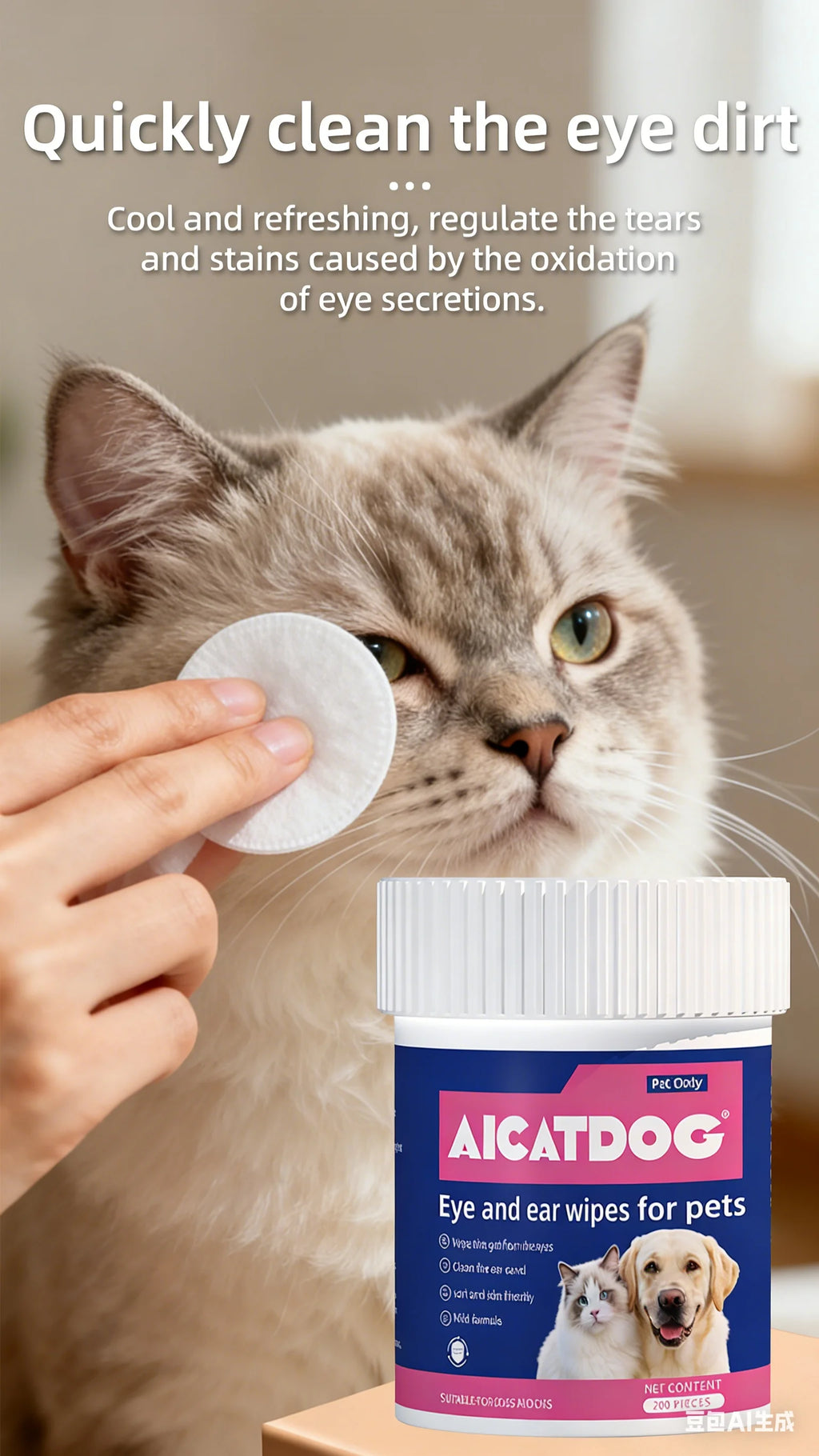 OVE PET PROSPER Pet Eye & Ear Wipes for Dogs and Cats, 200 Count, Alcohol-Free pH Balanced Grooming Wipes with Vitamin B5, Gentle Tear Stain, Eye Crust & Outer Ear Cleaner