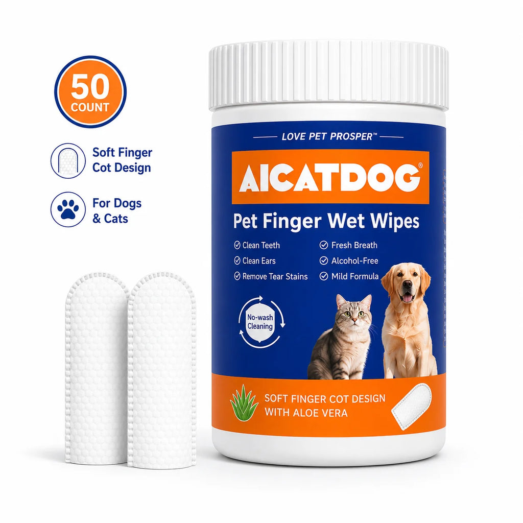 A jar of AICATDOG Pet Finger Wet Wipes shown on a white background with two white wet wipes standing beside it and marketing callouts including '50 COUNT', 'Soft Finger Cot Design', and 'For Dogs & Cats'.