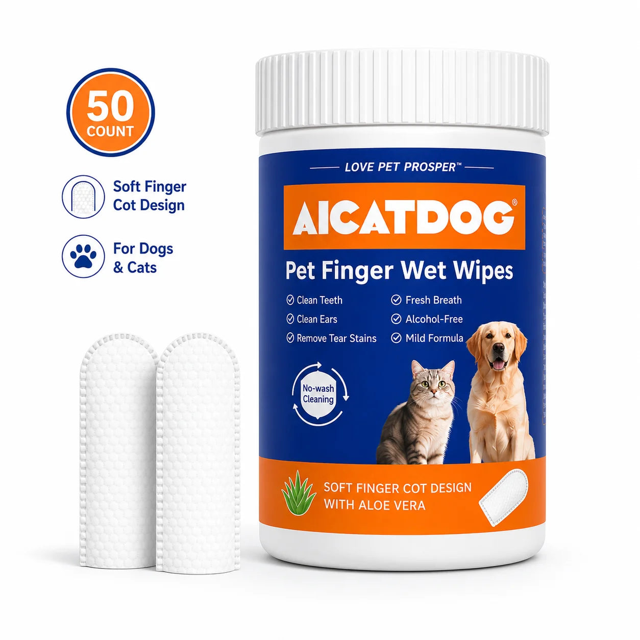 A jar of AICATDOG Pet Finger Wet Wipes shown on a white background with two white wet wipes standing beside it and marketing callouts including '50 COUNT', 'Soft Finger Cot Design', and 'For Dogs & Cats'.