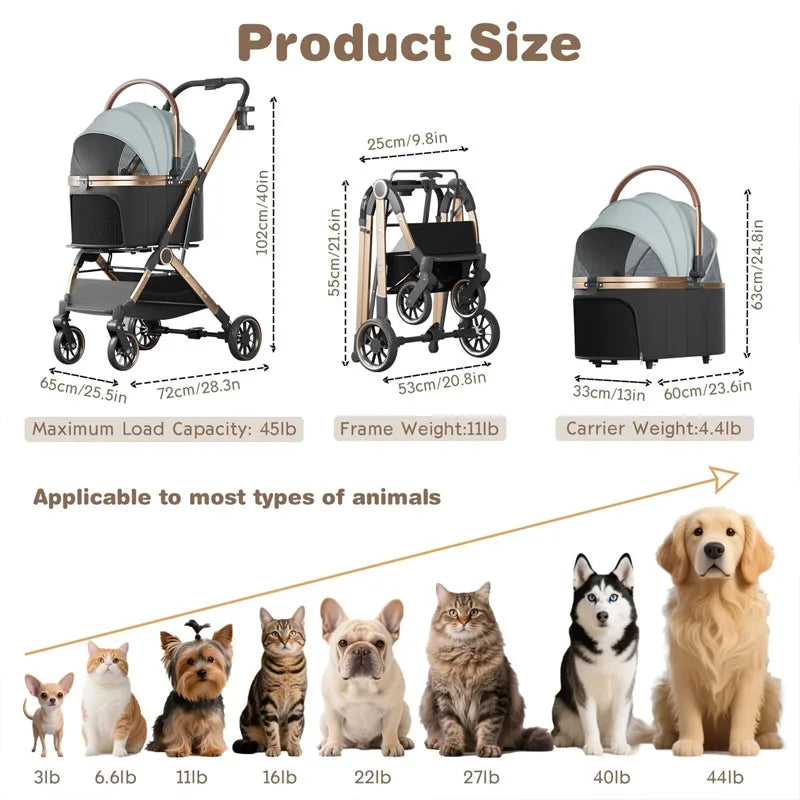 3-in-1 Portable Pet Stroller with Detachable Bag