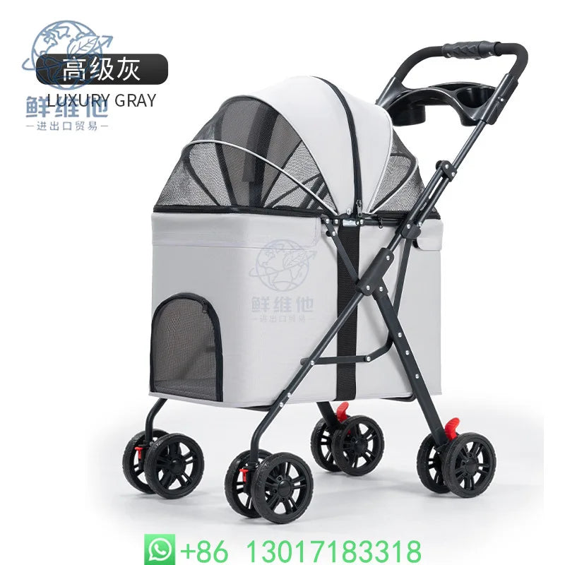 A pet stroller in luxury gray, featuring a light gray fabric body, black frame, mesh canopy, and four black wheels with red accents, shown on a white background with Chinese text overlays.