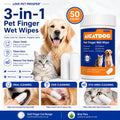 3-in-1 Pet Finger Wet Wipes promotional graphic featuring a white jar, three white wipes, a golden retriever, a gray cat, and text showing oral, ear, and eye area cleaning benefits.