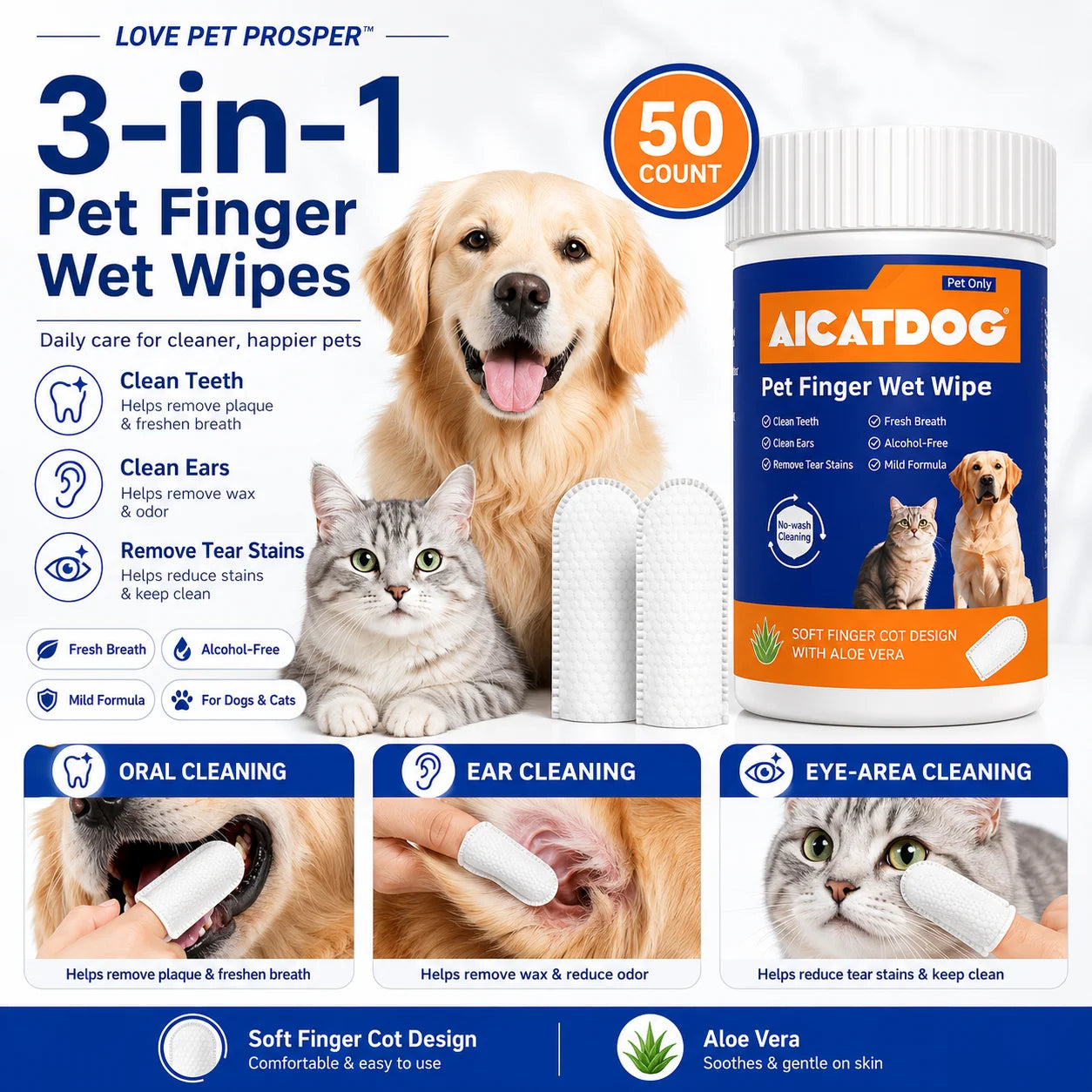 3-in-1 Pet Finger Wet Wipes promotional graphic featuring a white jar, three white wipes, a golden retriever, a gray cat, and text showing oral, ear, and eye area cleaning benefits.