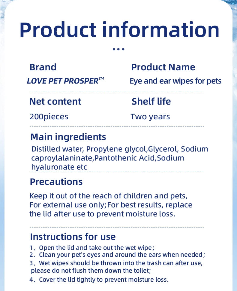 OVE PET PROSPER Pet Eye & Ear Wipes for Dogs and Cats, 200 Count, Alcohol-Free pH Balanced Grooming Wipes with Vitamin B5, Gentle Tear Stain, Eye Crust & Outer Ear Cleaner