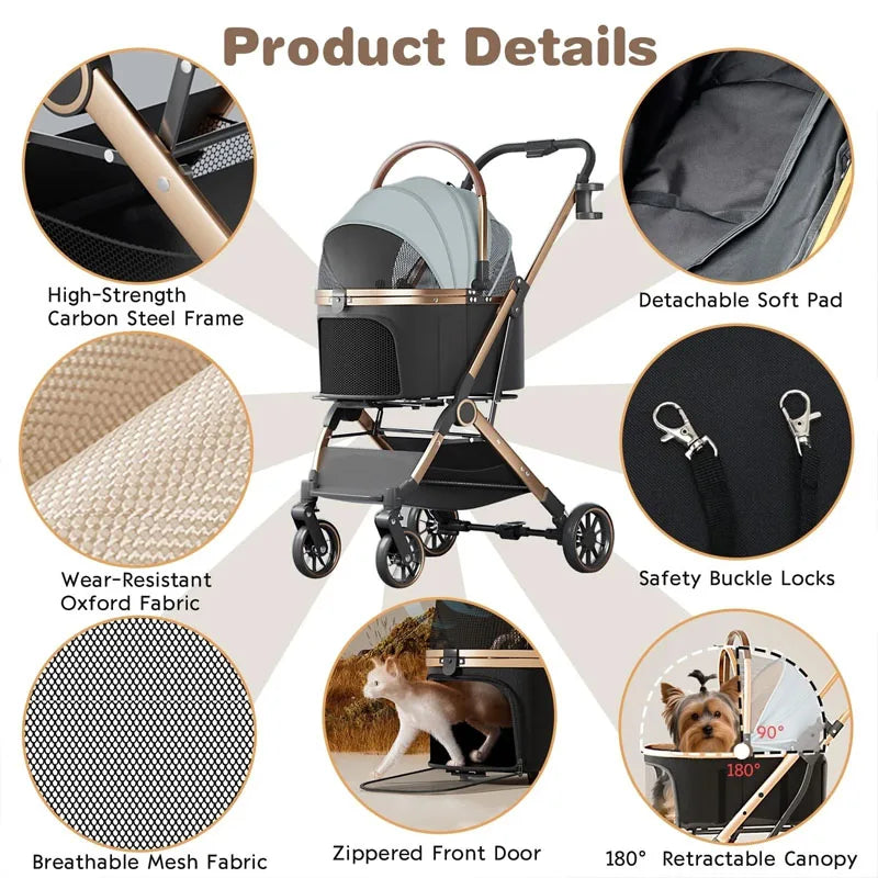 3-in-1 Portable Pet Stroller with Detachable Bag