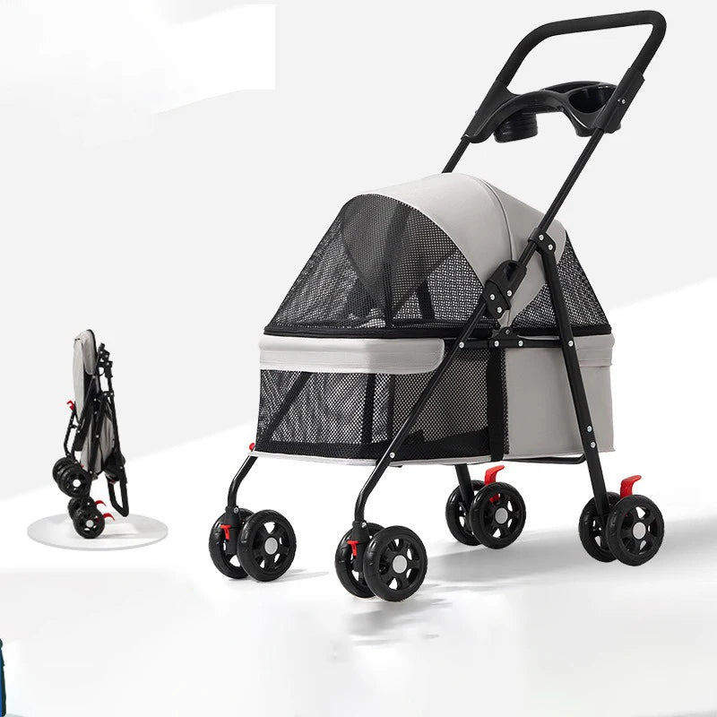 A pet stroller with a light gray fabric canopy and black mesh sides, shown on a white studio background with its handle extended and a smaller inset showing the folded stroller.