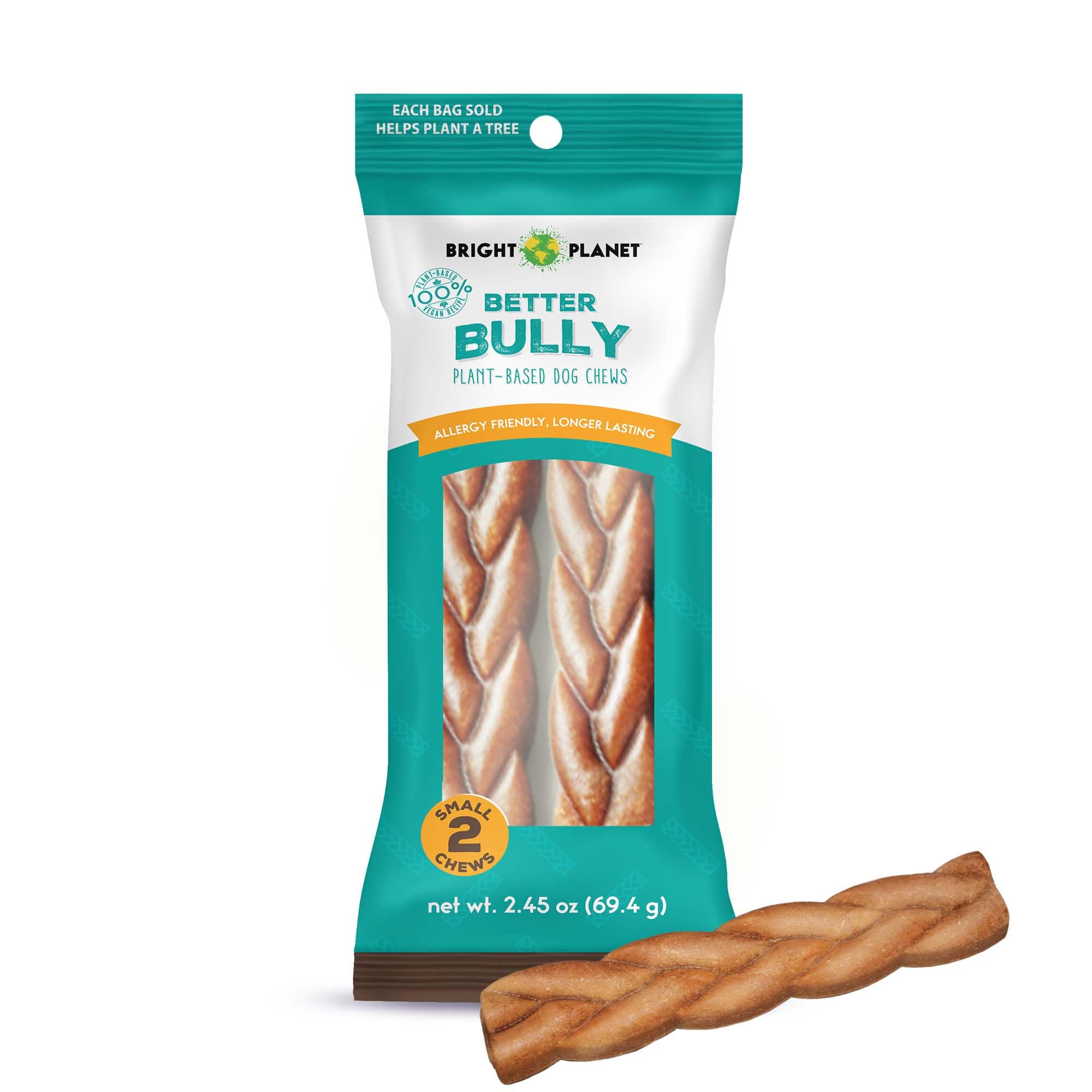 Bright Planet Pet | Better Bully Vegan Dog Chews 2ct Small | Long Lasting Chew | Hypoallergenic Allergy- Friendly Plant-Based | Made in USA