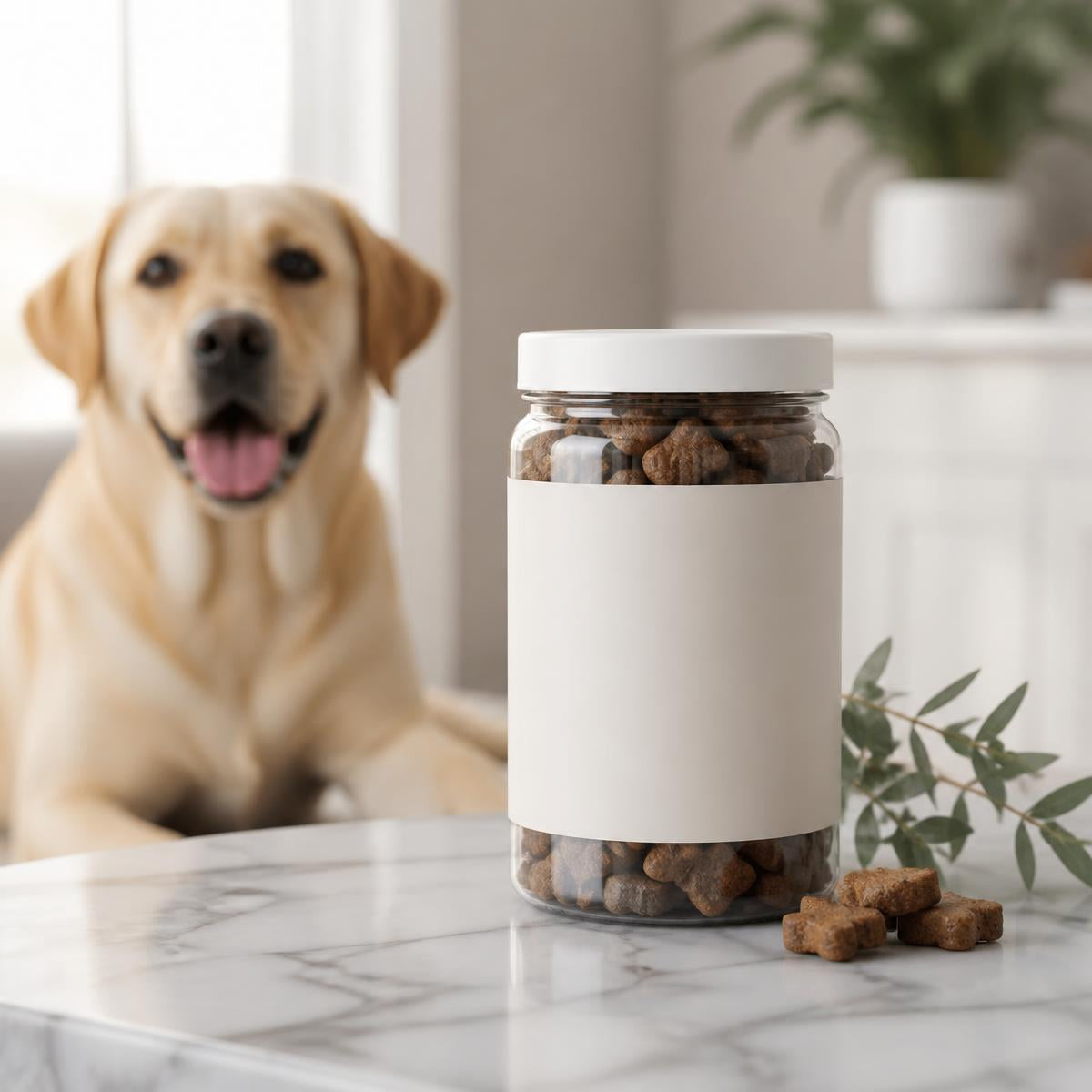 Complete Multivitamin Chews with Glucosamine beside a healthy labrador