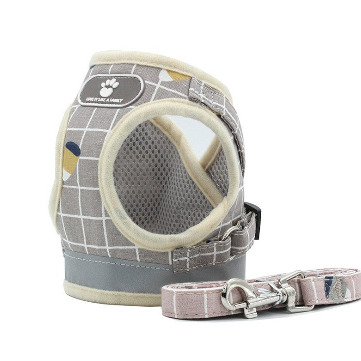Pawfect Picks Hub gray plaid polyester dog harness and matching leash for small breeds with reflective trim