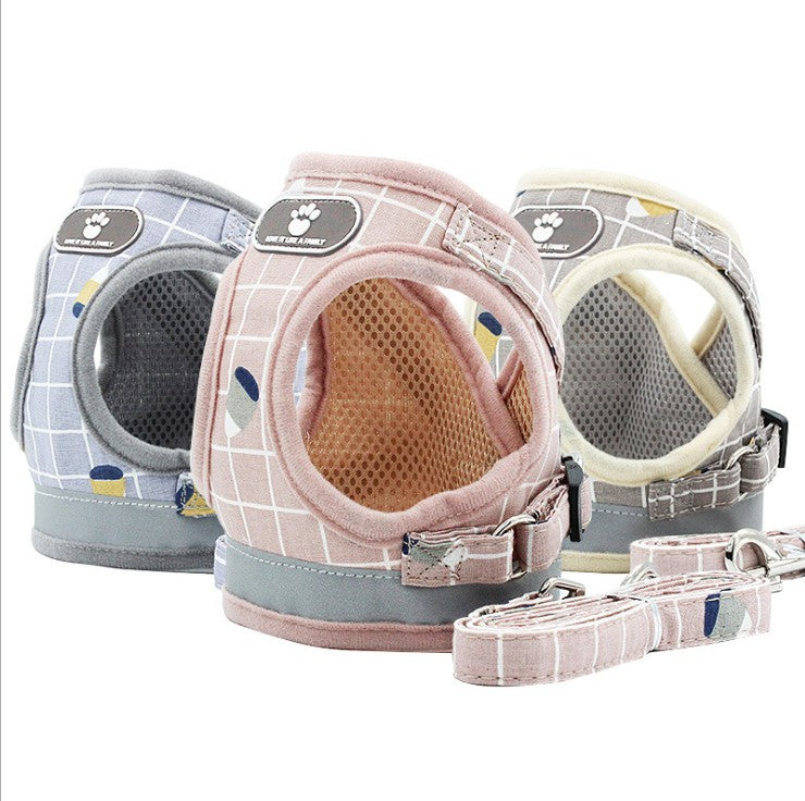 Pawfect Picks Hub plaid polyester dog harness and leash set in pink, gray, and khaki for small pets