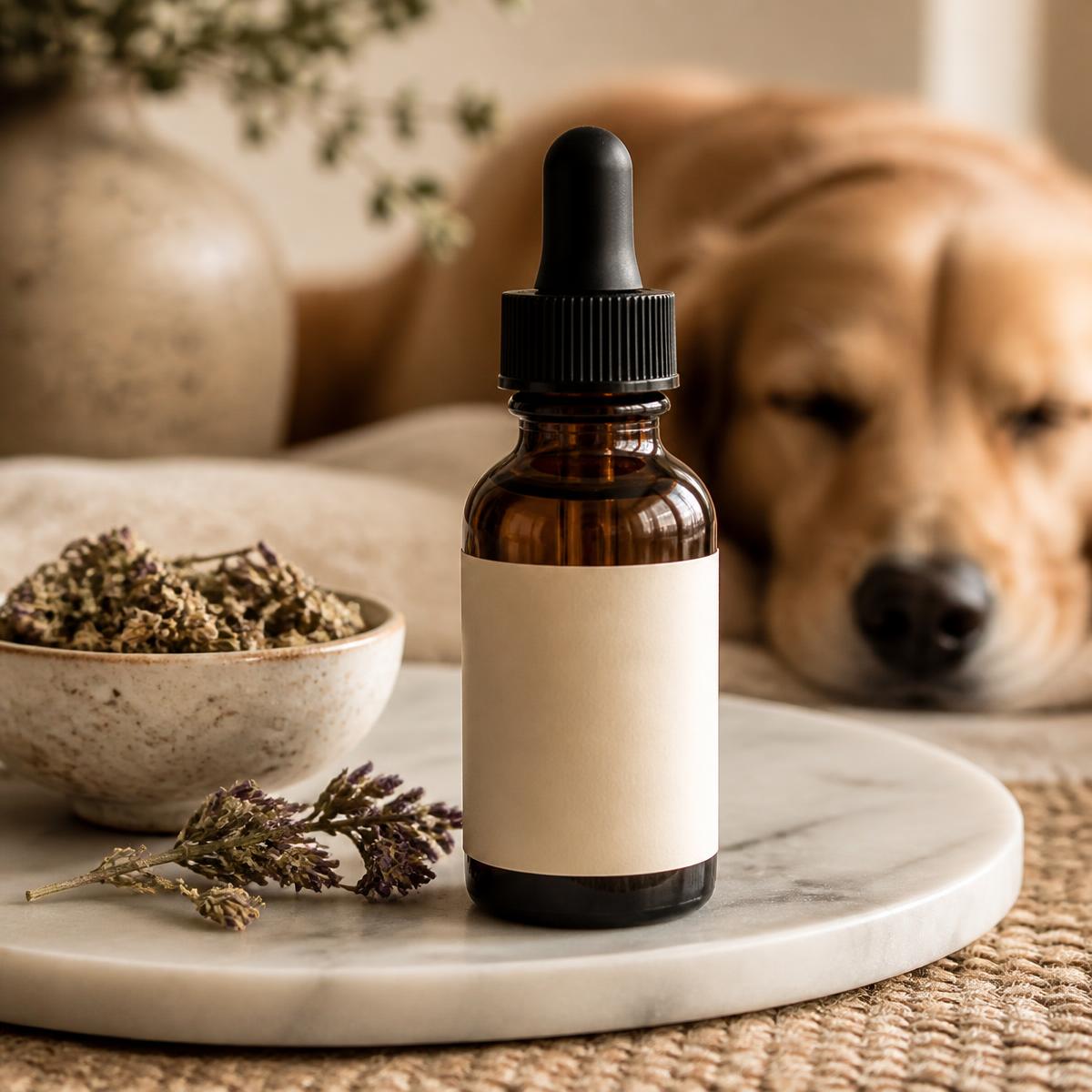 Valerian calming drops for dogs on a marble tray with dried herbs